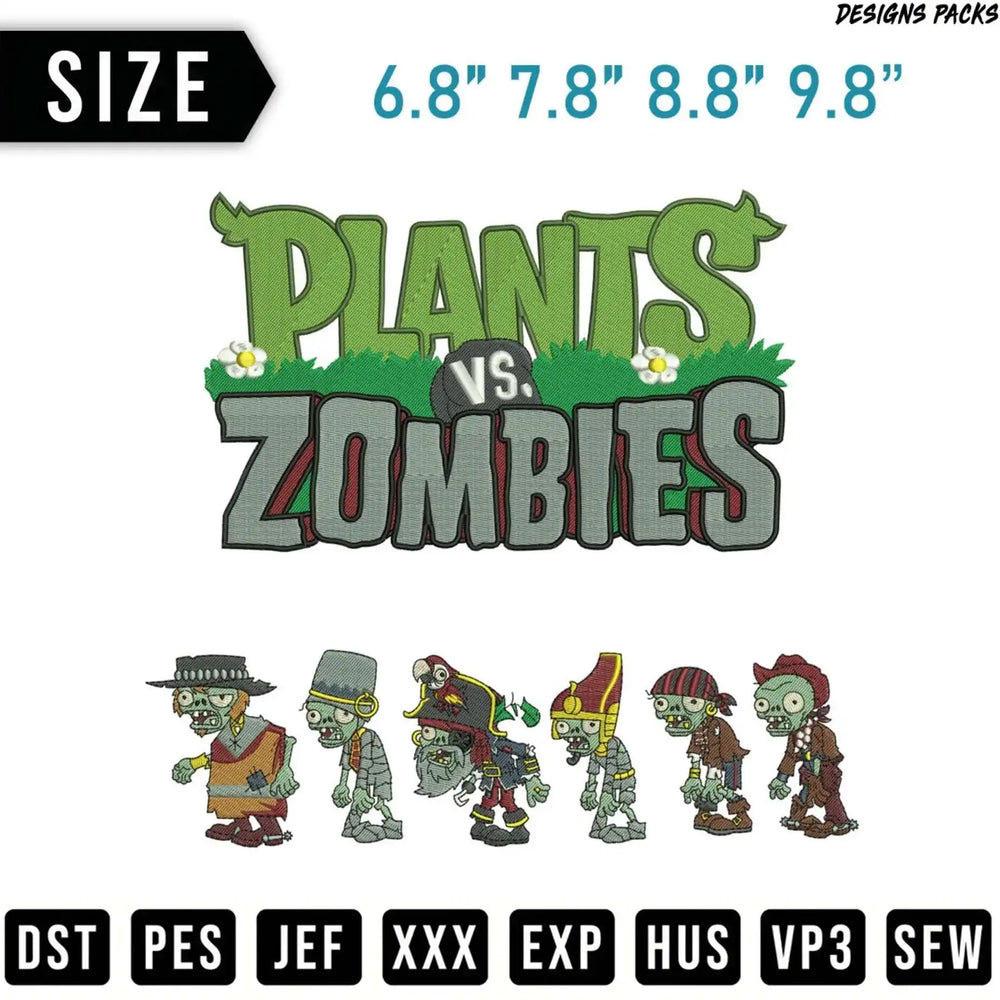 Plants vs. Zombies embroidery design featuring characters and file formats.
