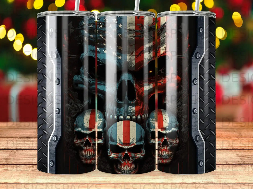 Three skulls with American flag designs, one large central skull above two smaller skulls.