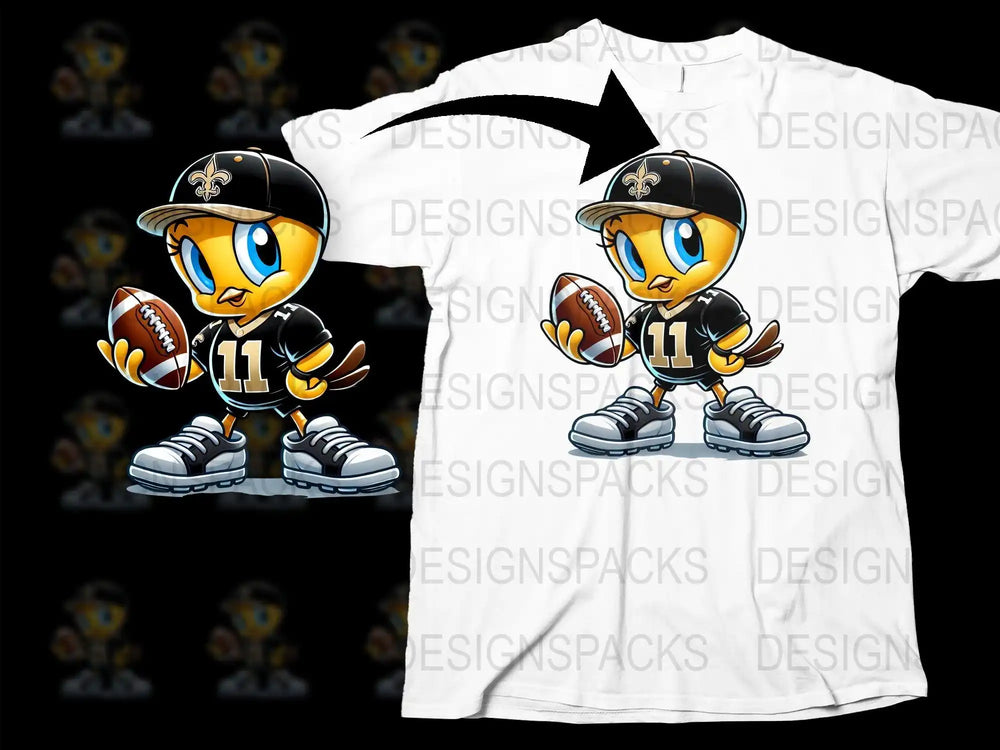 Cute cartoon chick in football jersey holding a ball, printed on white t-shirt