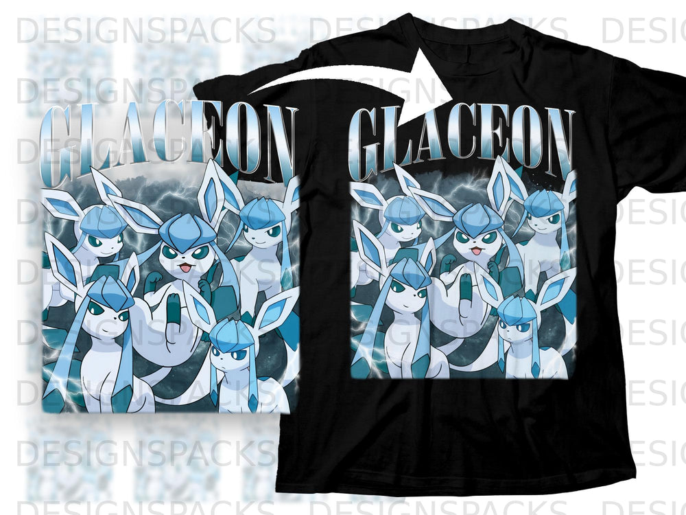 Black t-shirt featuring a graphic with multiple Glaceon characters and the text "GLACEON".