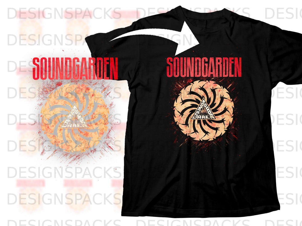 Black t-shirt with "Soundgarden" logo and circular symbol graphic.