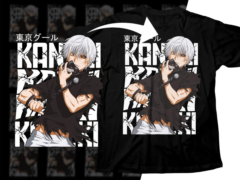 Tokyo Ghoul Kaneki Ken anime t-shirt design with cracked text and bold graphics