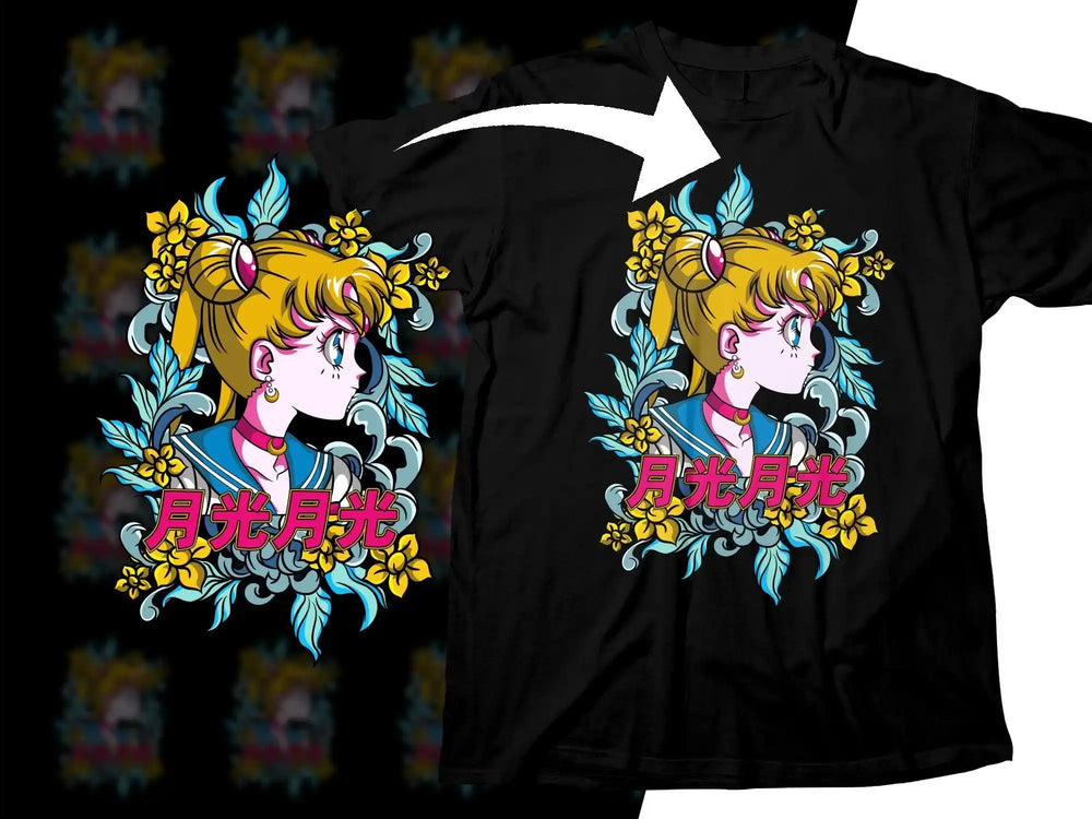 Anime girl with floral design on black t-shirt, print-ready PNG