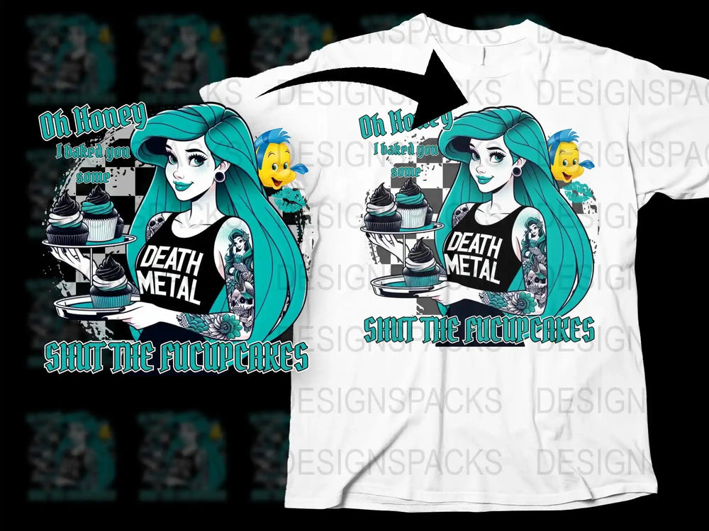 Gothic Mermaid T-Shirt, Death Metal Cupcakes, Punk Rock Tee, Fantasy Graphic Shirt, Women's Fashion Top