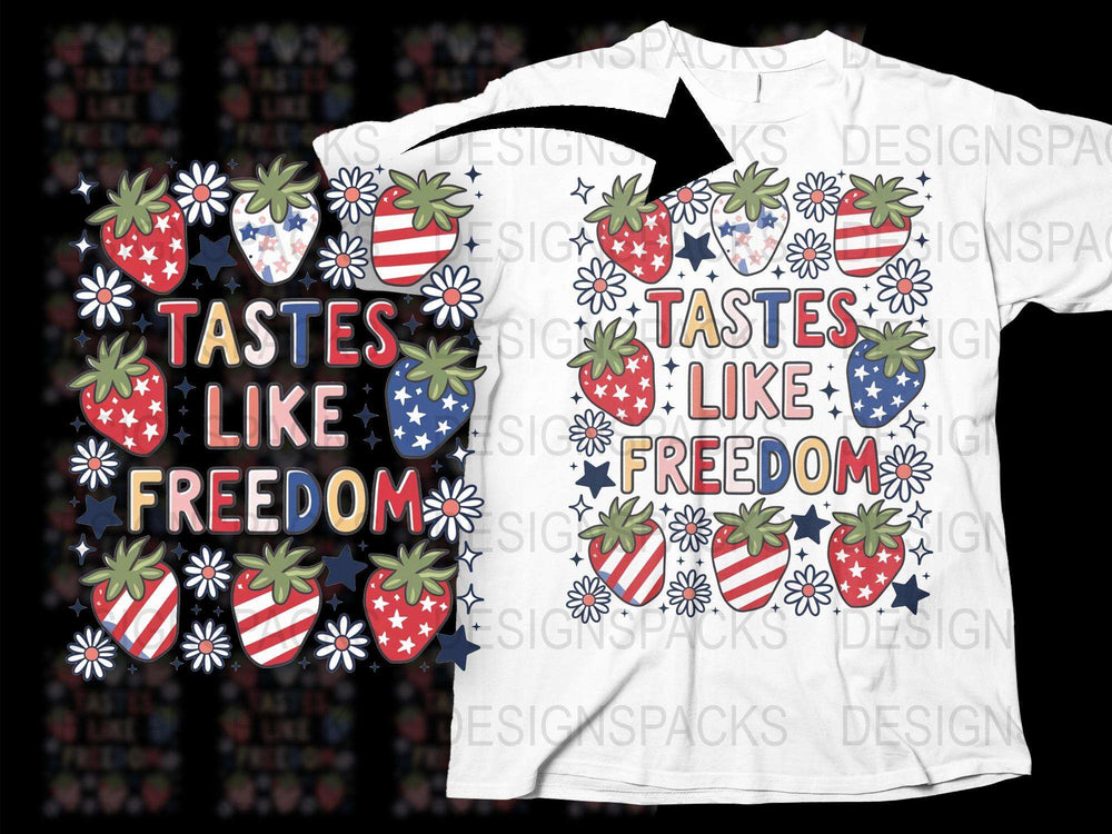 Patriotic T-Shirt Tastes Like Freedom USA Flag Strawberry Graphic Tee 4th of July Independence Day Celebration Shirt