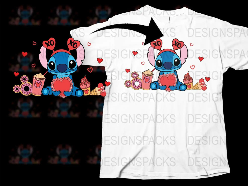 Stitch holding heart with donuts, ice cream, and hearts on white t-shirt design