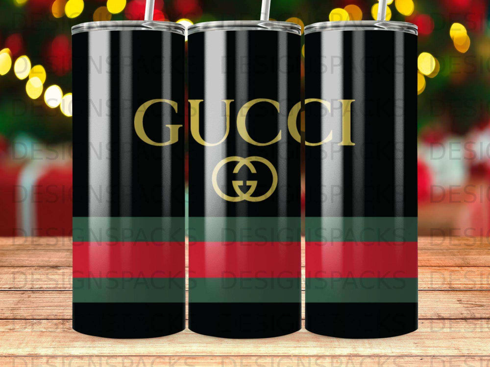 Black tumbler with repeating Gucci logo and red and green stripes.