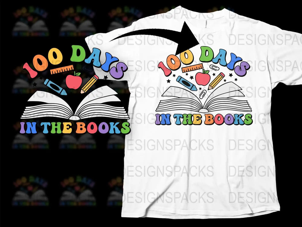 100 Days in the Books t-shirt design with colorful school supplies and open book graphic