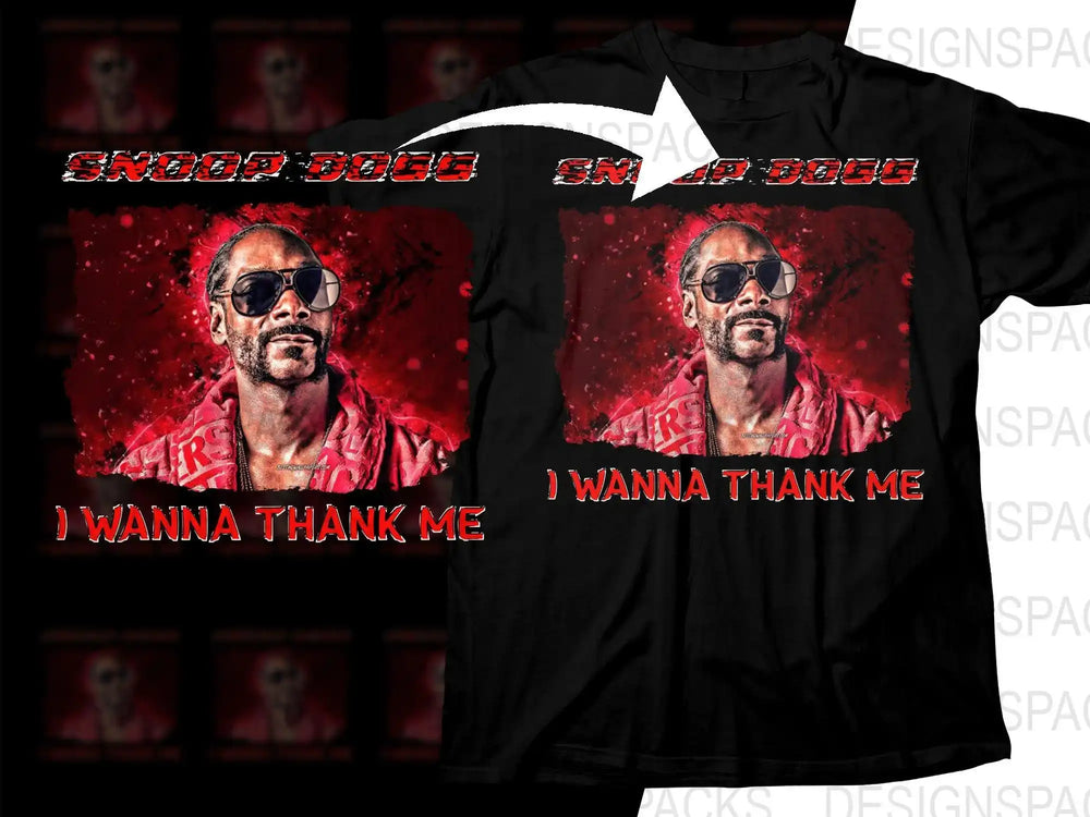 Snoop Dogg t-shirt design with red graphic and 'I WANNA THANK ME' text, print-ready for DTG/DTF