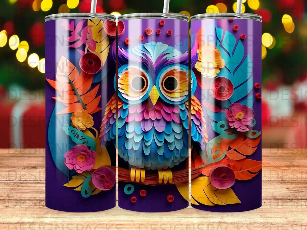 Colorful owl on purple background with paper cutout flowers and leaves.
