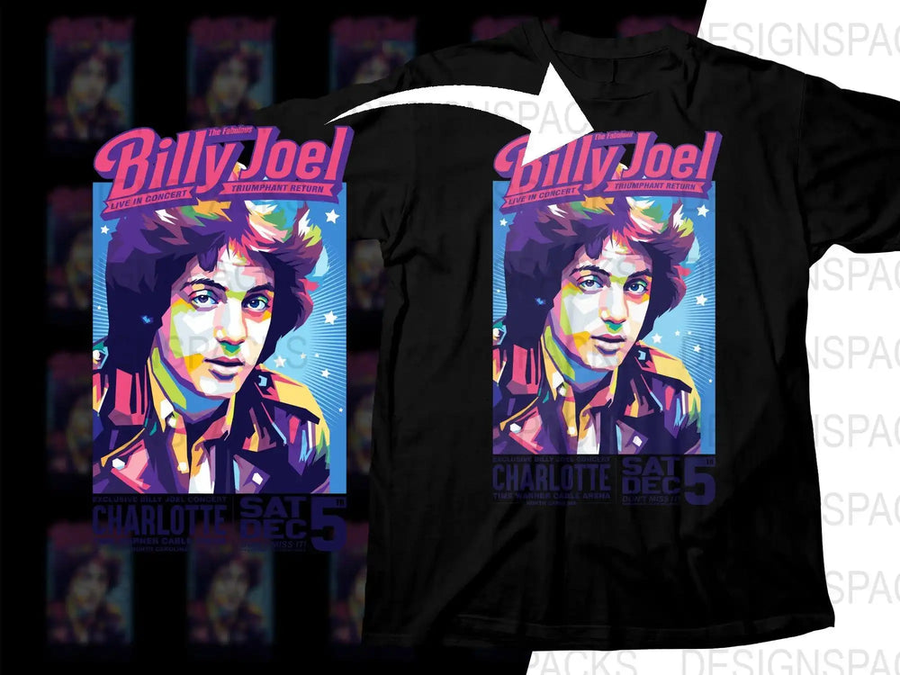 Billy Joel concert poster design on black t-shirt, vibrant pop art style, Charlotte event, print-ready SVG/PNG