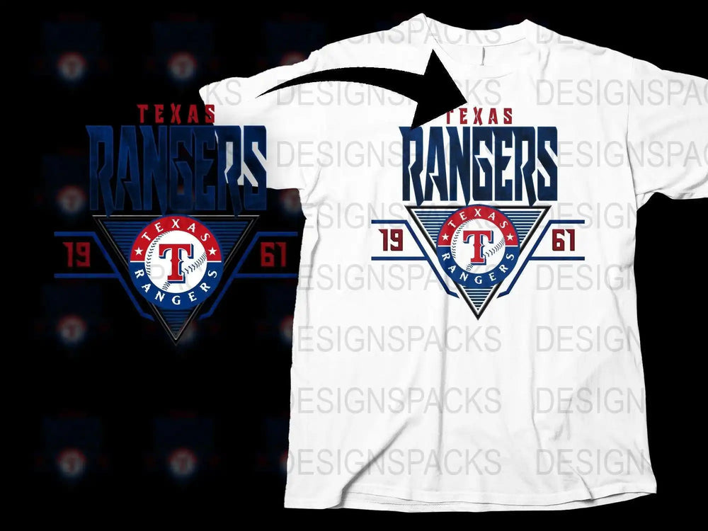Texas Rangers 1961 baseball t-shirt design with bold logo and vintage triangle graphic