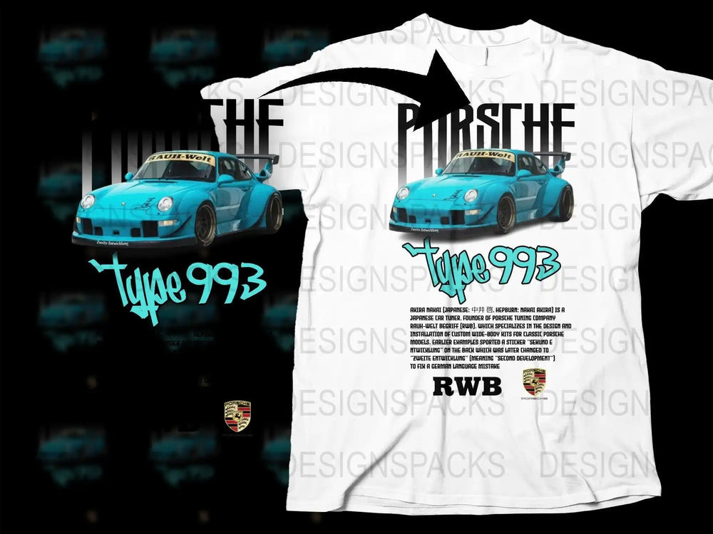 White t-shirt featuring blue Porsche Type 993 RWB design with bold text and car details
