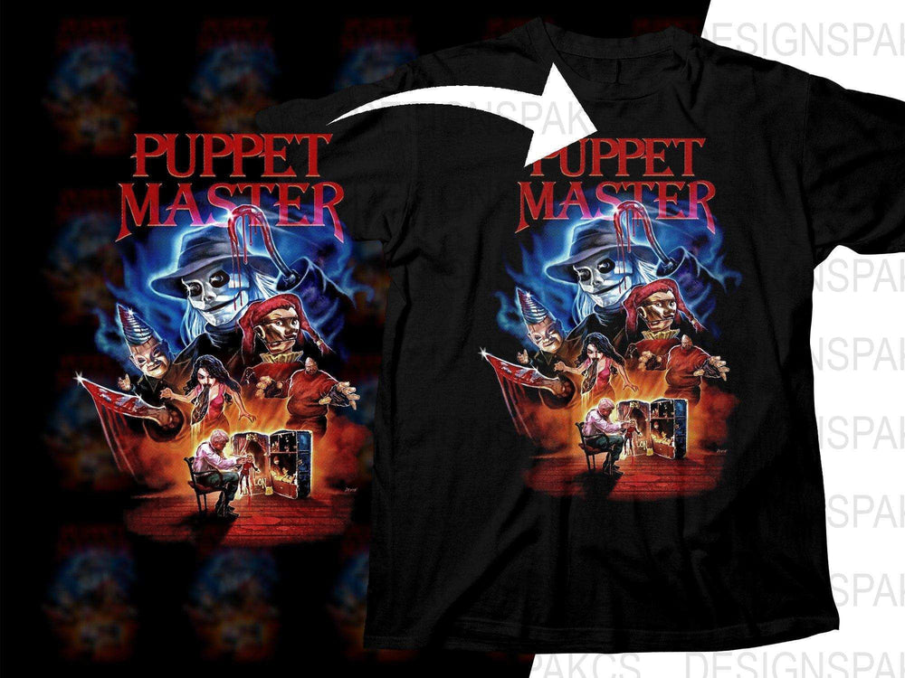 Puppet Master horror movie design on black t-shirt, print-ready for DTG/DTF