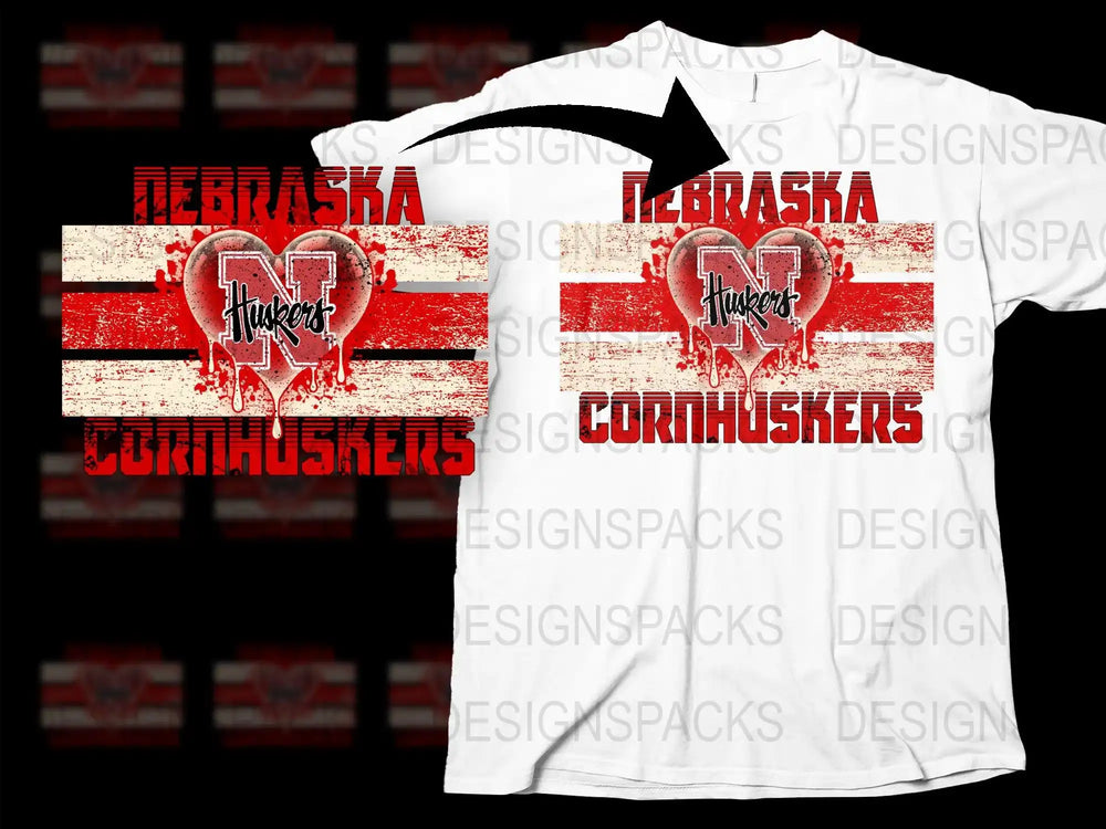 Nebraska Cornhuskers heart design t-shirt with red and white stripes, ideal for DTF/DTG printing.