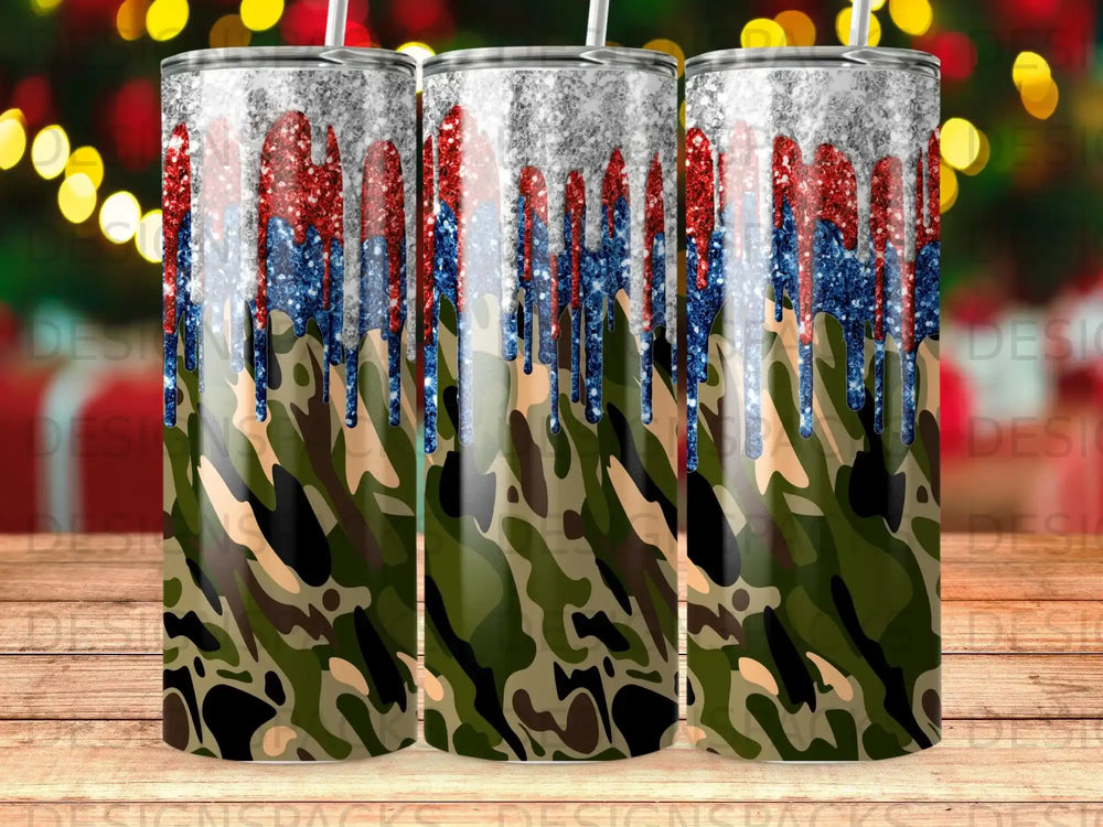 Camouflage tumbler with red, white, and blue glitter drips.