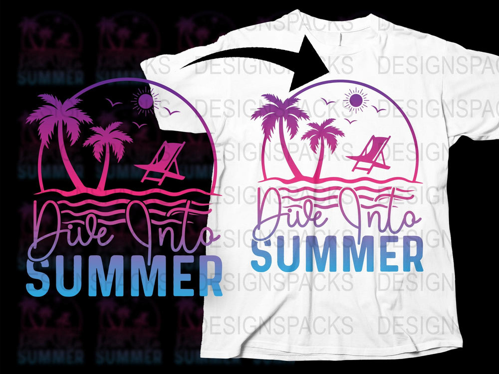 Dive Into Summer T-Shirt, Tropical Beach Sunset Graphic, Unisex Palm Tree Tee, Vacation Apparel