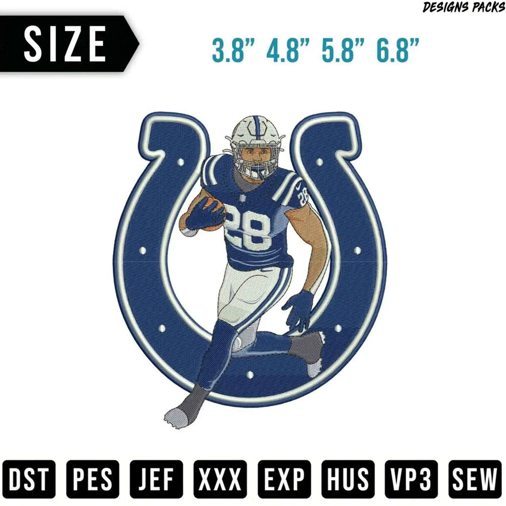 Indianapolis Colts player number 28 running inside a horseshoe outline.