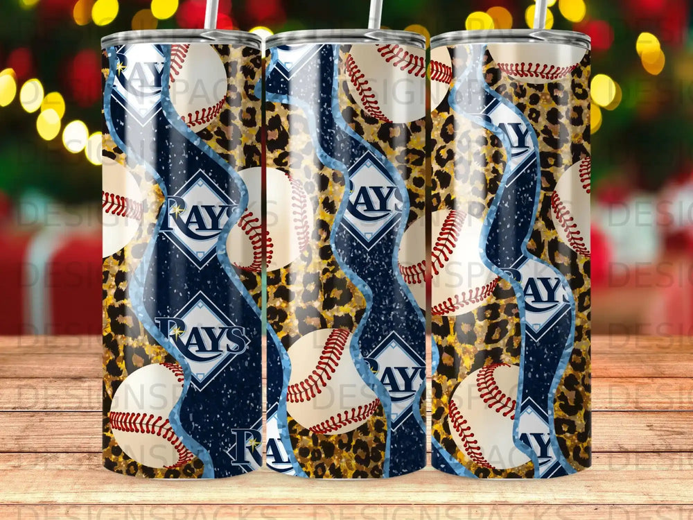 Baseball tumbler with leopard print and "Rays" logo.