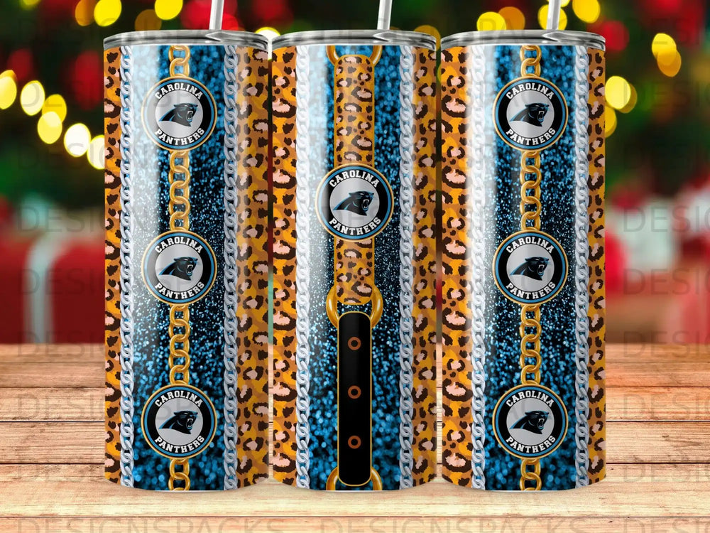 Carolina Panthers logo on a blue and gold chain patterned tumbler.