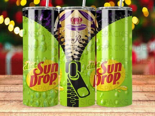 Three tumblers featuring Crown Royal and Diet Sun Drop branding with a zipper graphic.