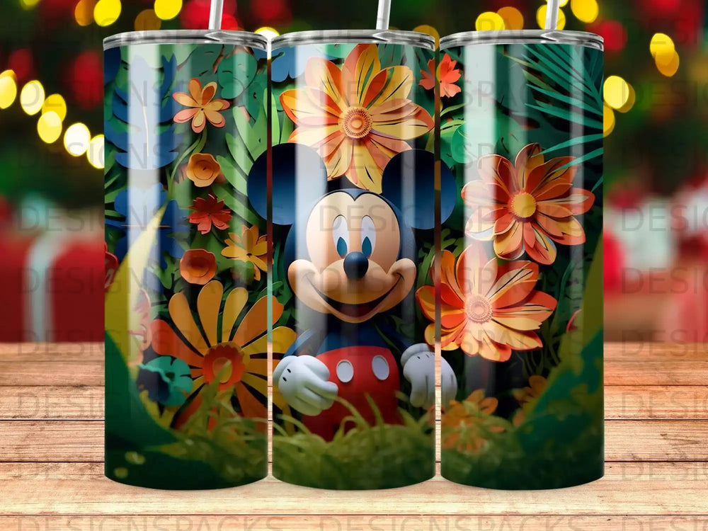 Mickey Mouse with colorful flowers and tropical leaves on a tumbler.