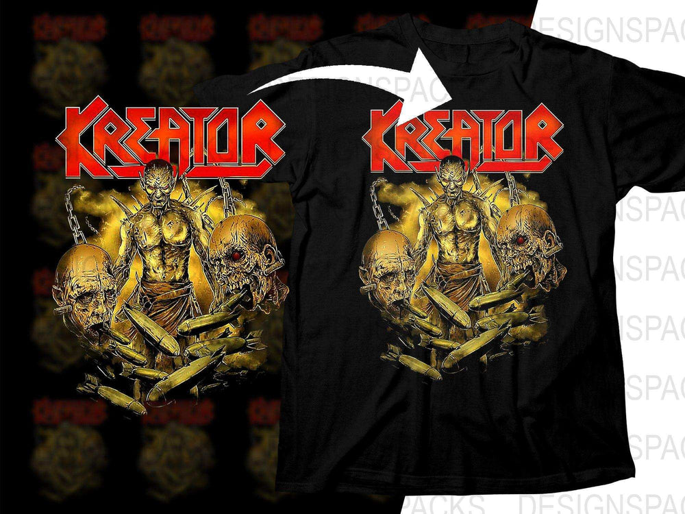 Kreator band t-shirt design with horror figure, skulls, and bombs – print-ready DTF/DTG graphic
