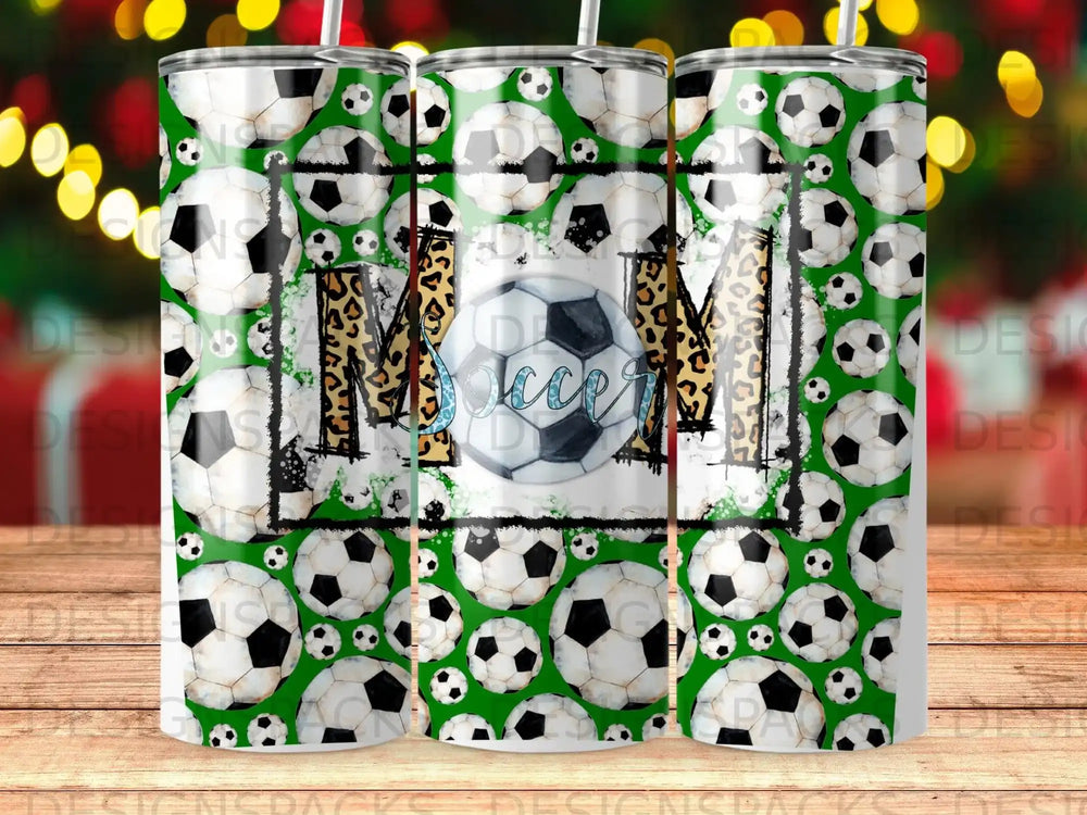 Soccer Mom tumbler with leopard print accents and soccer balls.