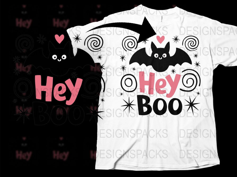 Hey Boo T-Shirt, Cute Halloween Bat Graphic Tee, Unisex Spooky Season Shirt, Black and White, Festive Holiday Apparel, Adult Sizes