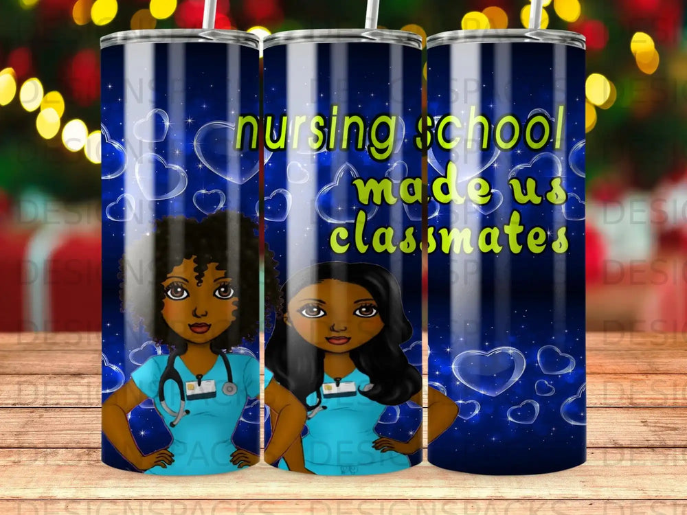 Two nurses with text "nursing school classmates" on a blue background with hearts.