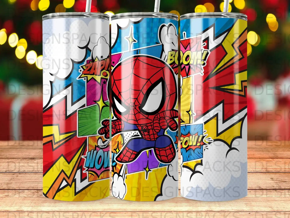 Spiderman leaping from comic book panels on a patterned tumbler.