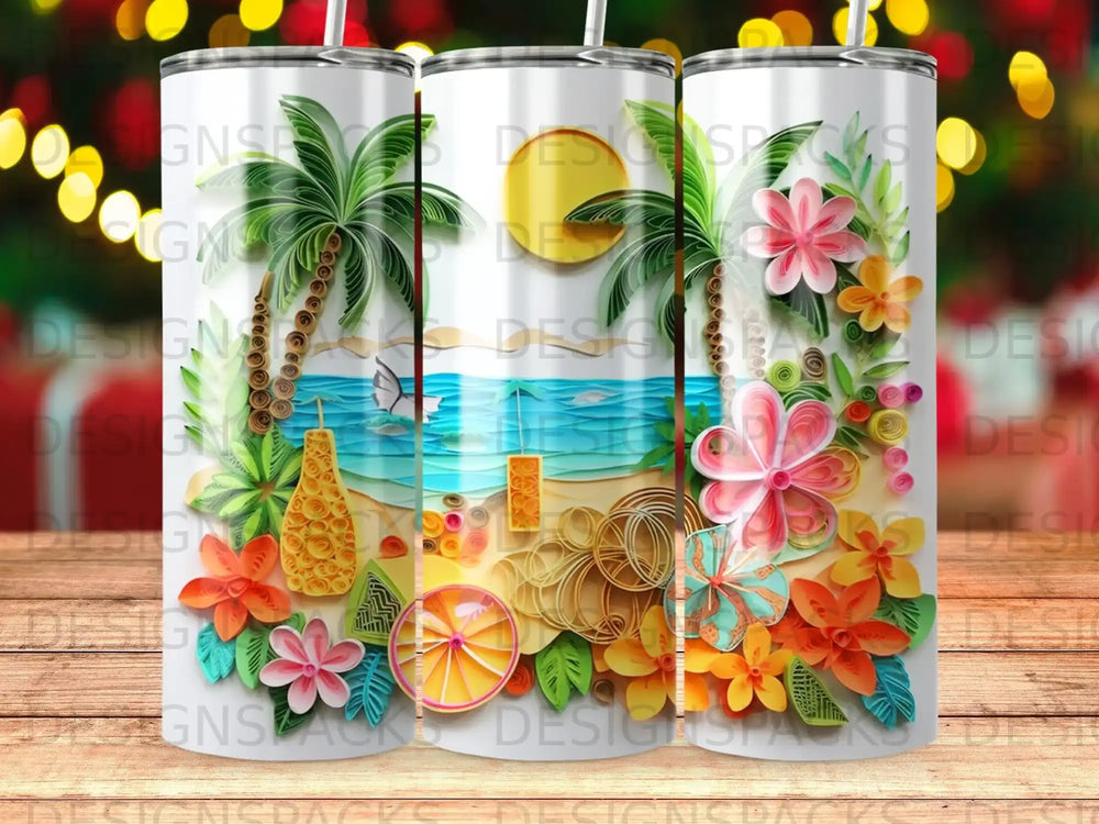 Tropical beach scene with palm trees, ocean, and quilled paper flowers.