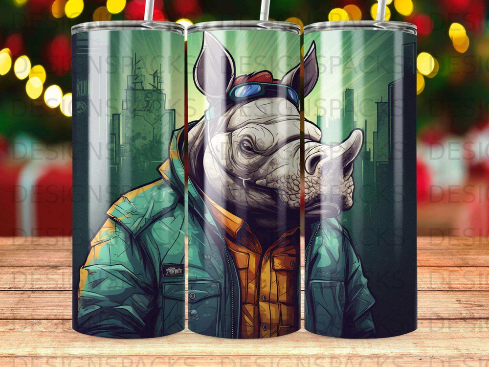 Rhino wearing sunglasses and a jacket, digital art.