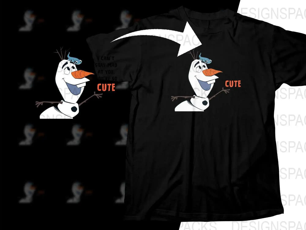Olaf snowman design on black t-shirt with 'CUTE' text, print-ready for DTG/DTF