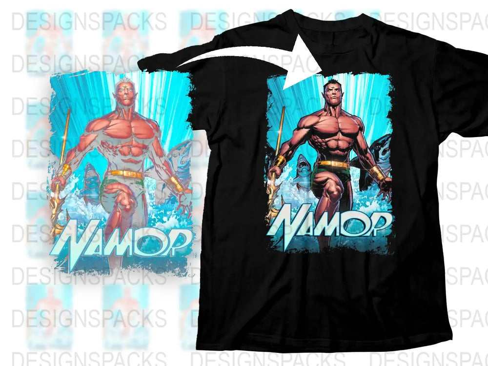 Namor superhero design on black t-shirt, print-ready for DTF/DTG, featuring ocean waves and sharks