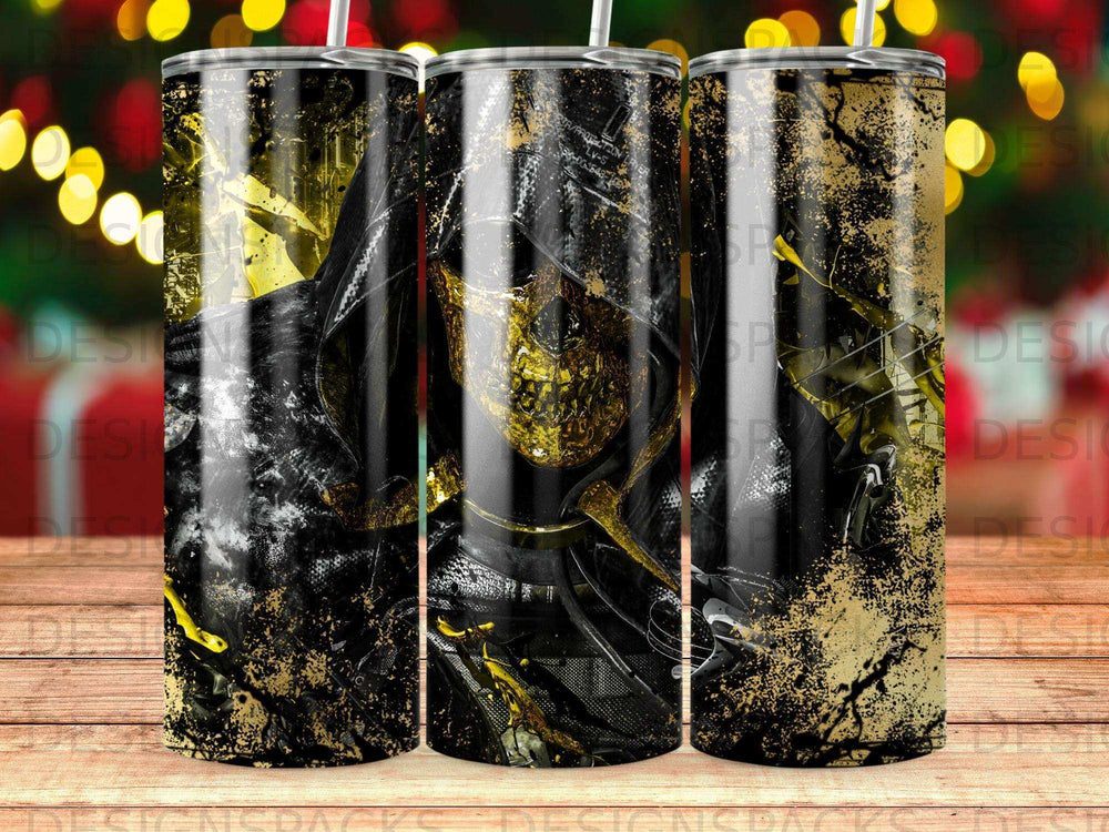Black and gold abstract geometric pattern on a tumbler.