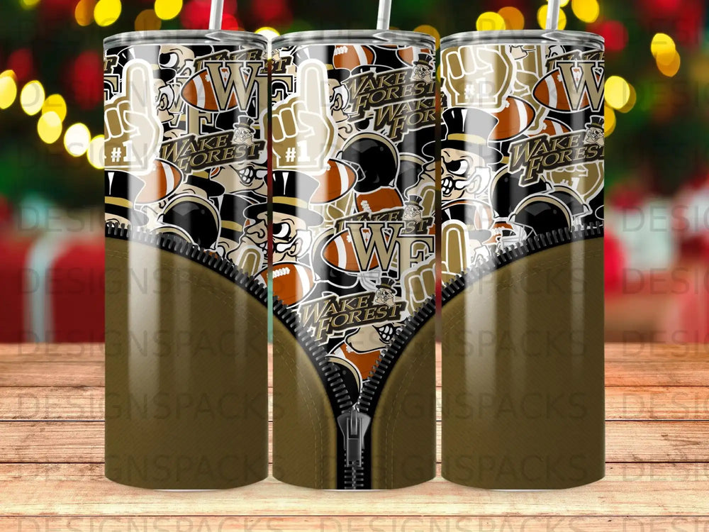 Wake Forest University tumbler with mascot and "WAKE FOREST" text.