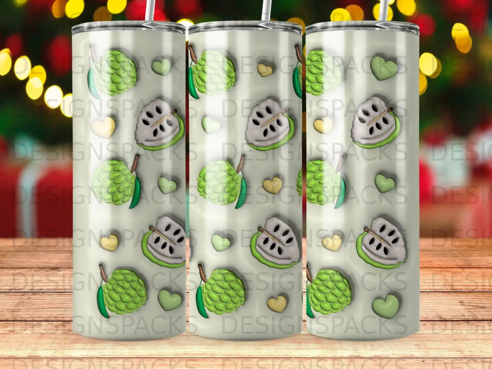 Tumbler with repeating pattern of green soursop fruit slices.