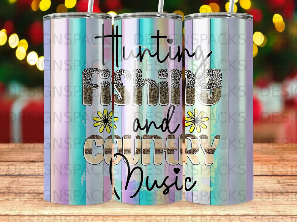 Tumbler with "Hunting Fishing and Country Music" text and subtle plaid pattern.