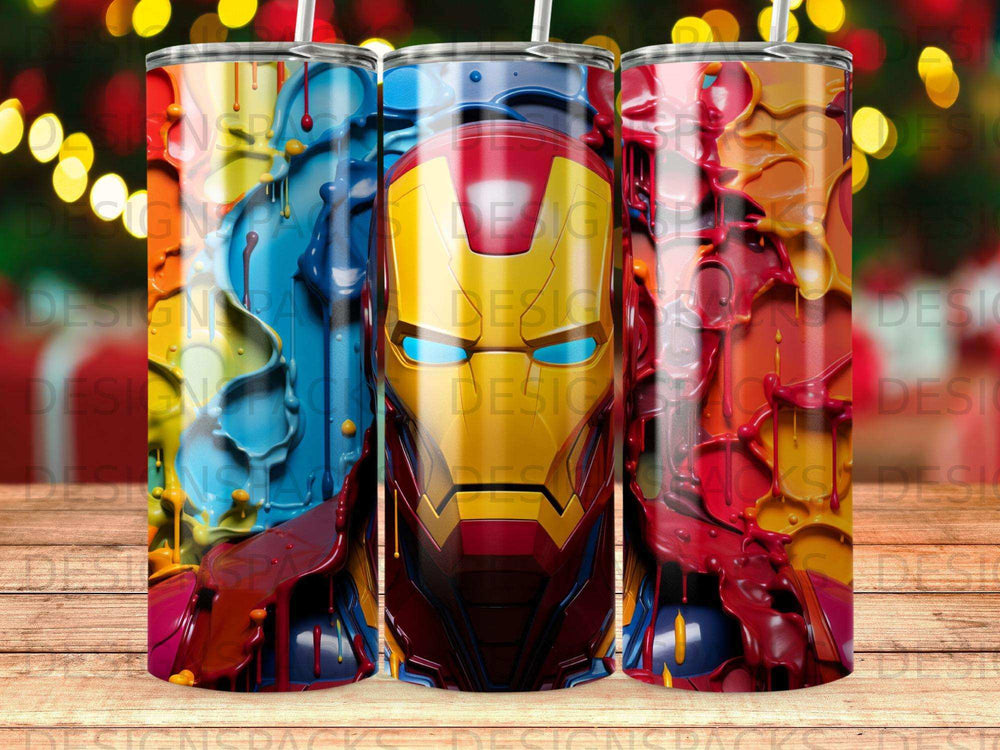 Iron Man mask design on three stacked tumblers with colorful drips.