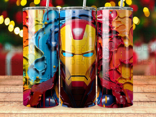 Iron Man mask design on three stacked tumblers with colorful drips.