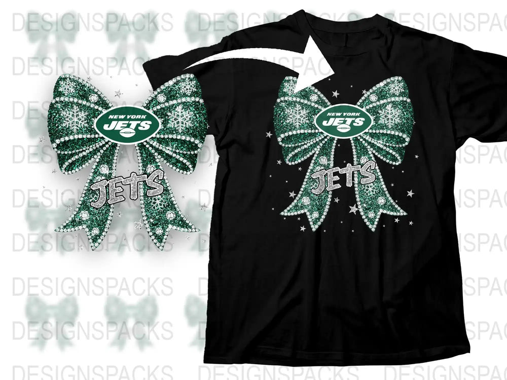New York Jets Inspired T-Shirt and Cheer Bow Set, Sparkly Green and White, Sports Fan Gear, Football Season Apparel