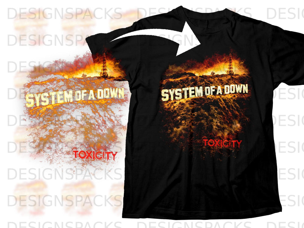 Black t-shirt featuring System of a Down "Toxicity" album artwork with fire and radio tower.
