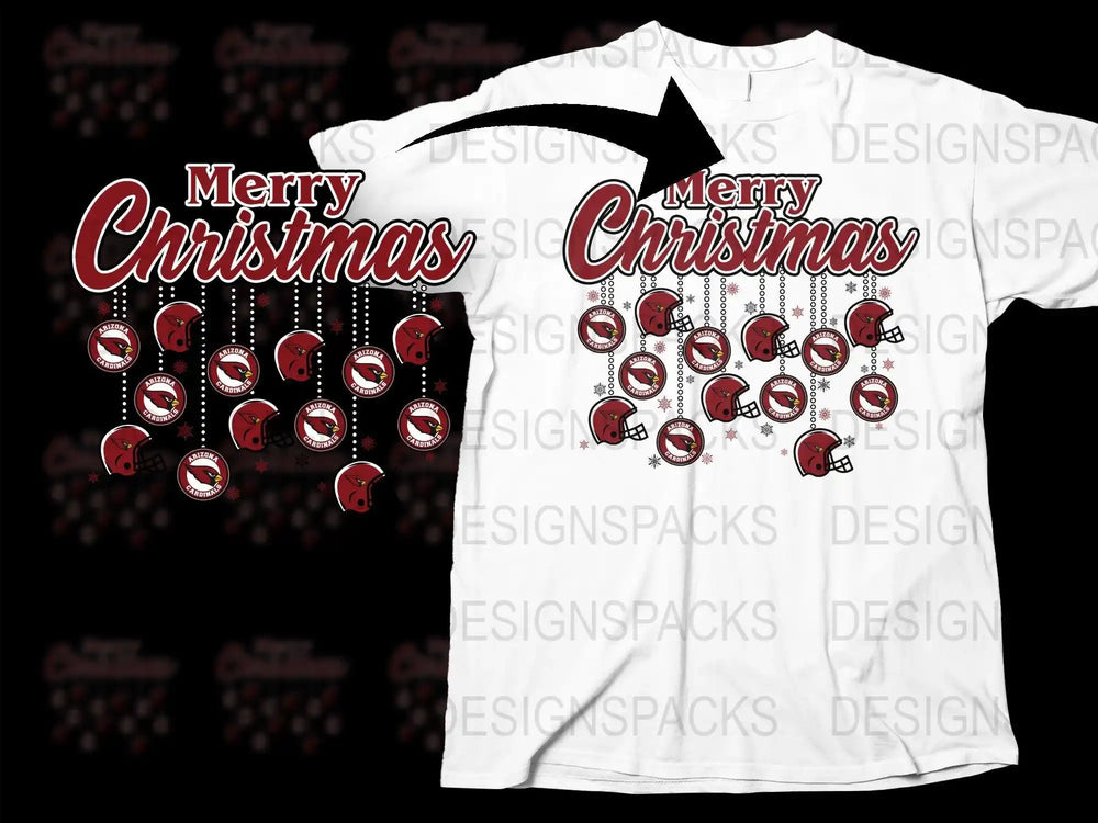 Merry Christmas Arizona Cardinals football helmet design on white t-shirt, festive holiday print