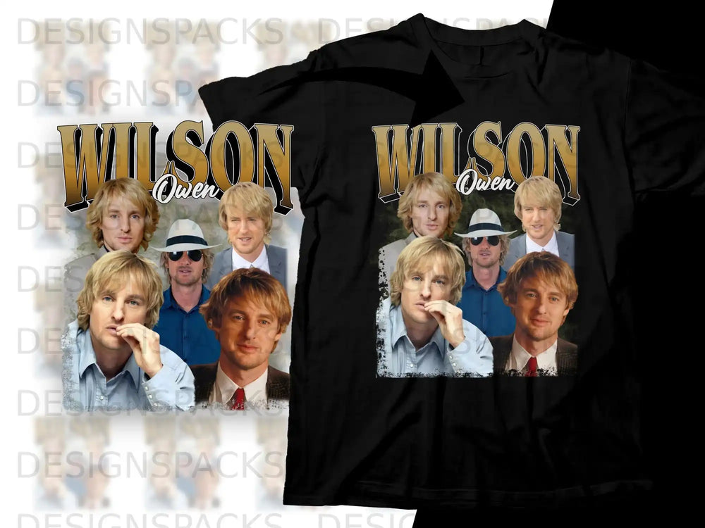 Owen Wilson collage on a black t-shirt.