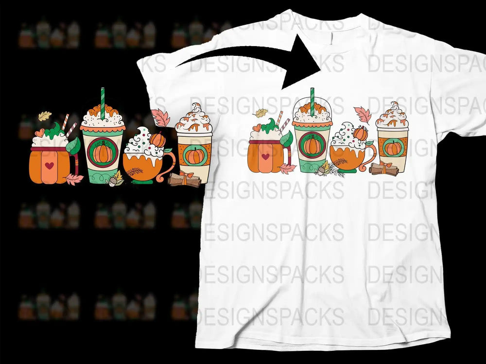 Fall-themed pumpkin spice drink designs on white t-shirt, perfect for autumn apparel