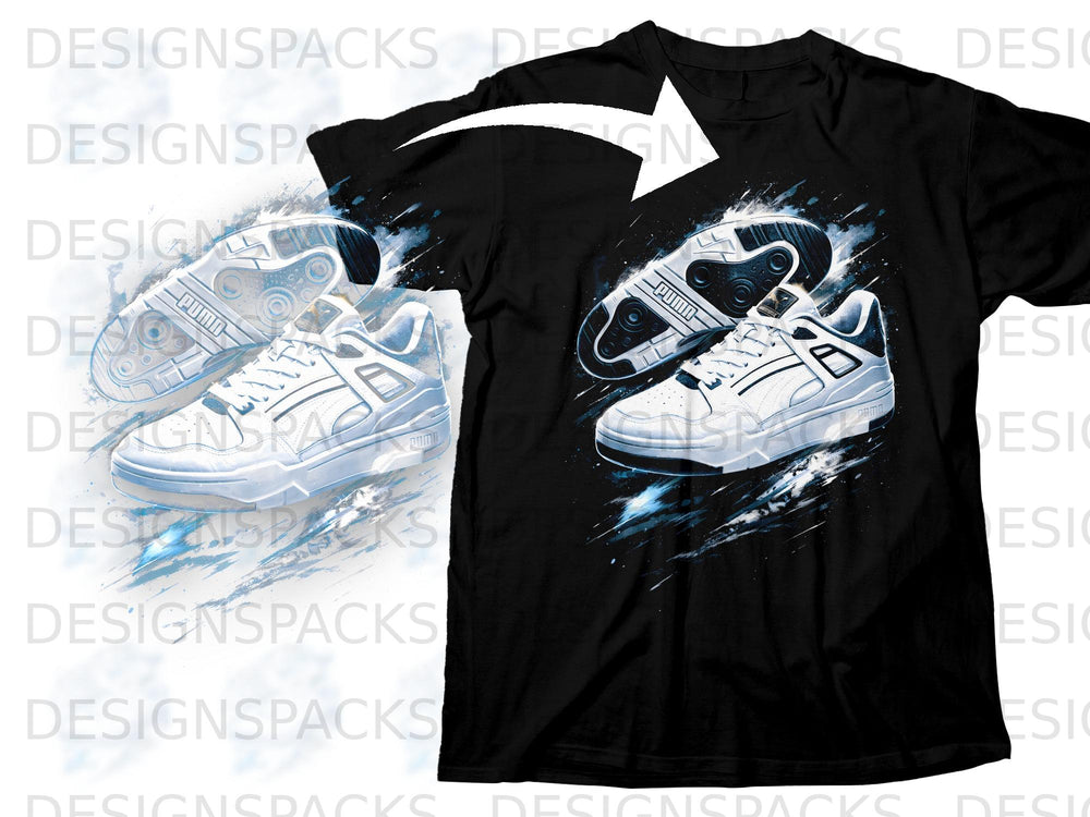 Black t-shirt featuring a graphic of two white Puma sneakers with blue abstract splashes.