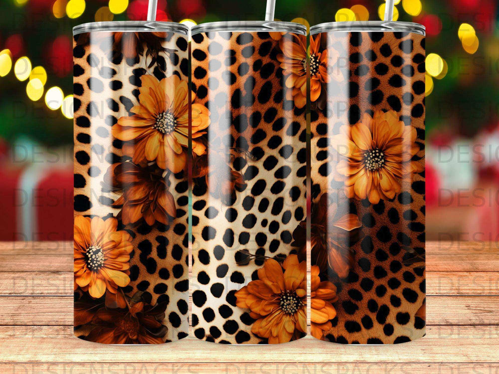 Tumbler with leopard print and orange floral design.