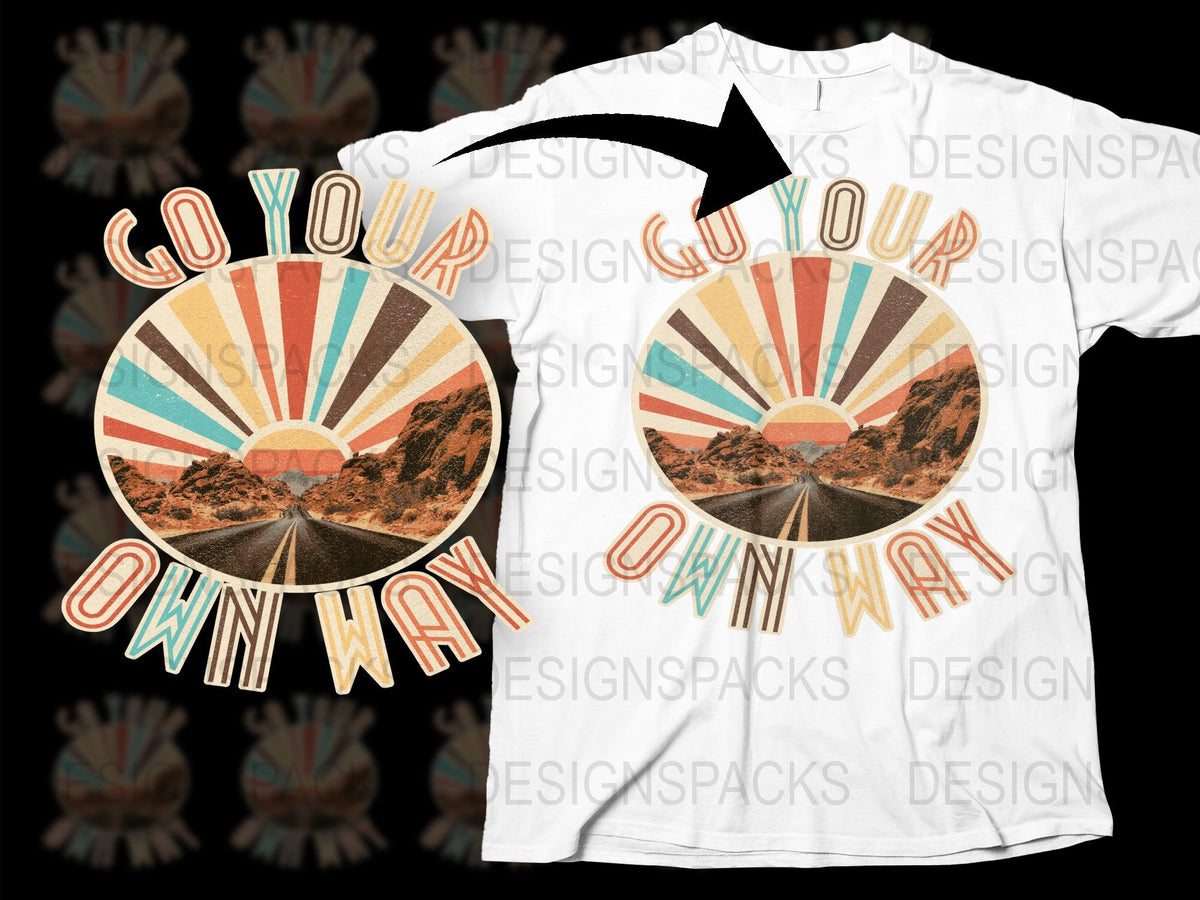 Colorful Retro Sunset Graphic T-Shirt, Vintage Style 'Go Your Own Way' Tee