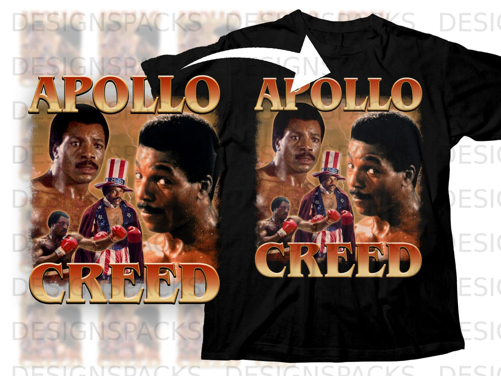 Apollo Creed collage on a black t-shirt with boxing imagery.